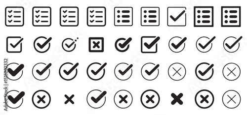 Monochrome icons of checkboxes, checkmarks, and crosses for interface and approval/rejection designs.

