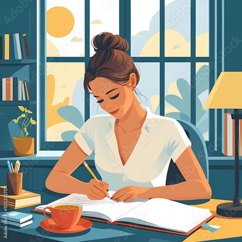 Flat vector of a woman writing in a journal at a tidy desk