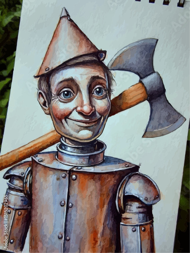 Tin Woodman whimsical and melancholic portrait from "The Wonderful Wizard of Oz" against an off-white paper background [with copy space]