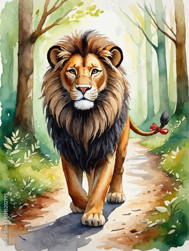 Lion whimsical walking down a path in a forest
