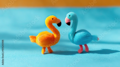 Two flamingo toys on a vibrant orange and blue background, radiating joy and optimism.
