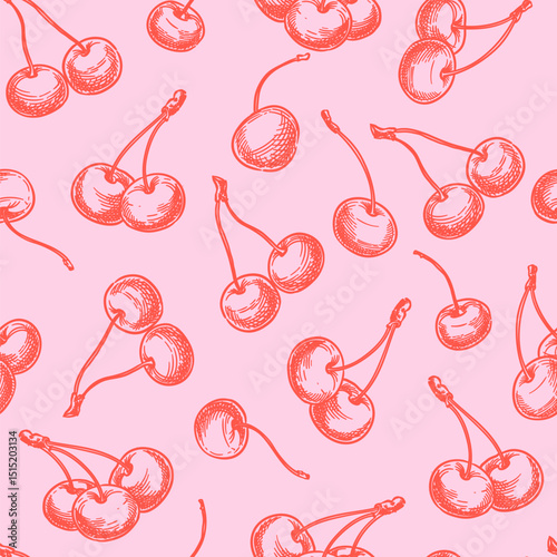 Cherry seamless pattern in trendy pink and red colours. Vector hand drawn sketch berries illustration. Print design
