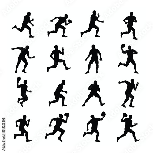 American football player silhouettes action poses set