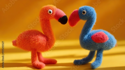 Two flamingo toys on a vibrant orange and blue background, radiating joy and optimism.
