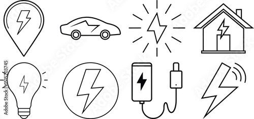 Electric Energy Line Icons – Power, Charging, and Lightning Bolt Vector Set