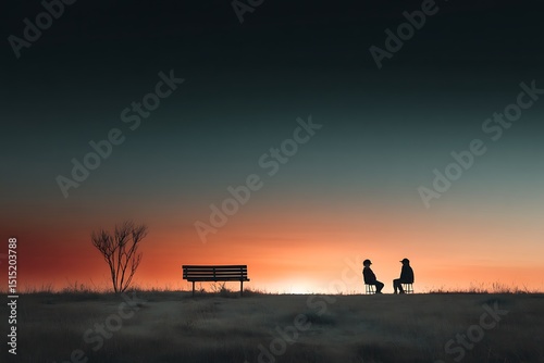 Two silhouettes sit facing each other on chairs with a bench between them as the sun sets.