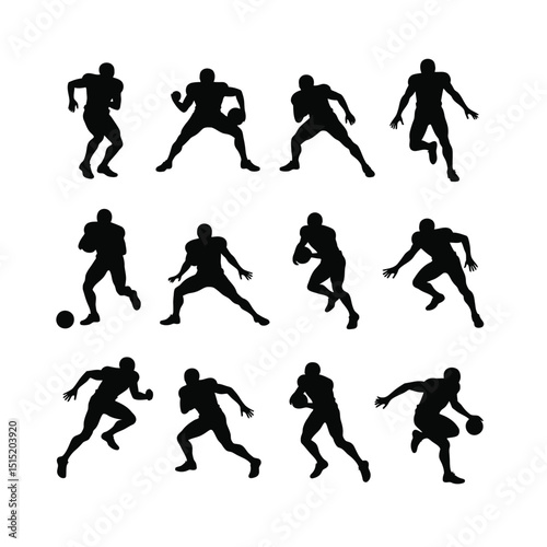 American football player silhouettes action poses set