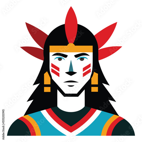 Indigenous Warrior Vector Portrait with Face Paint and Tribal Attire on White Background.