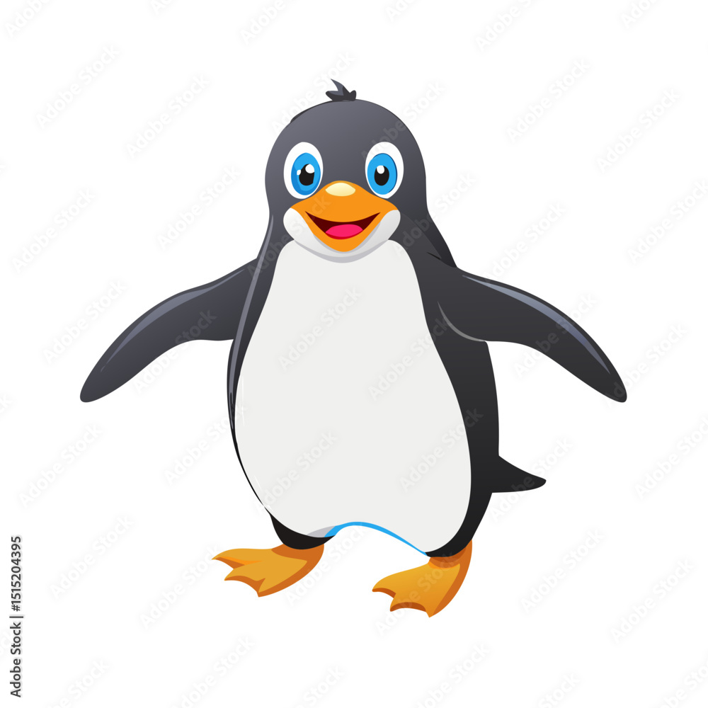 Fototapeta premium Vector illustration of a charming penguin waddling with flippers spread wide on white background
