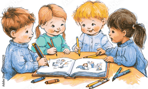 Two young boys sit together, deeply engrossed in drawing with pencils on the floor, embodying a shared moment of childhood learning
