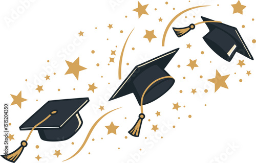 Flat vector graduation border with mortarboards and black confetti. Transparent background ideal for posters, banners, or celebration templates.