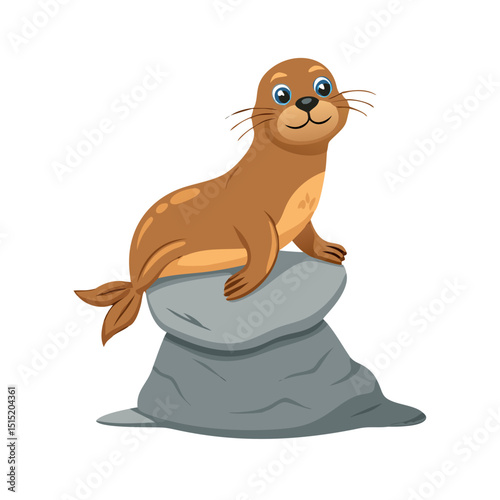 Vector illustration of a playful sea lion balancing on a rock with a curious gaze on white background