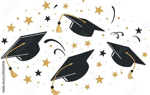 Tossed graduation caps and black confetti in minimalist flat vector style. Transparent background, perfect for print or digital party designs.
