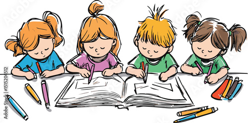 Back to school cartoon illustration of diverse children reading books and drawing with pencils on paper, studying and learning together