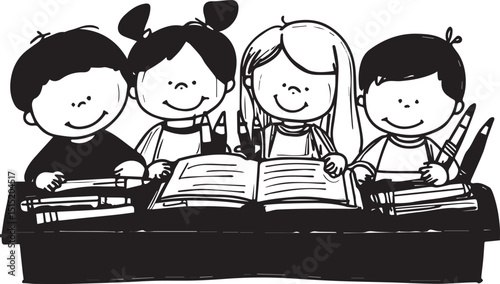 Cartoon elementary school children sitting and studying books in a classroom