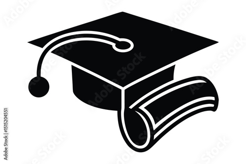 Editable graduation hat and diploma silhouette vector illustration