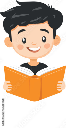 Cartoon illustration of a smiling school boy reading a book, a cheerful student learning with an open book