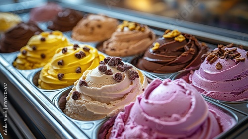 Variety of artisanal ice cream scoops in a display case