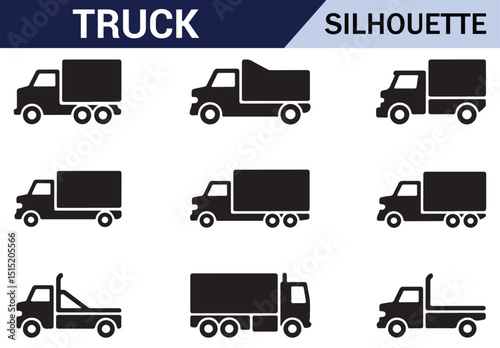 Various Black and White Truck Icons and Illustrations for Transportation and Logistics Use