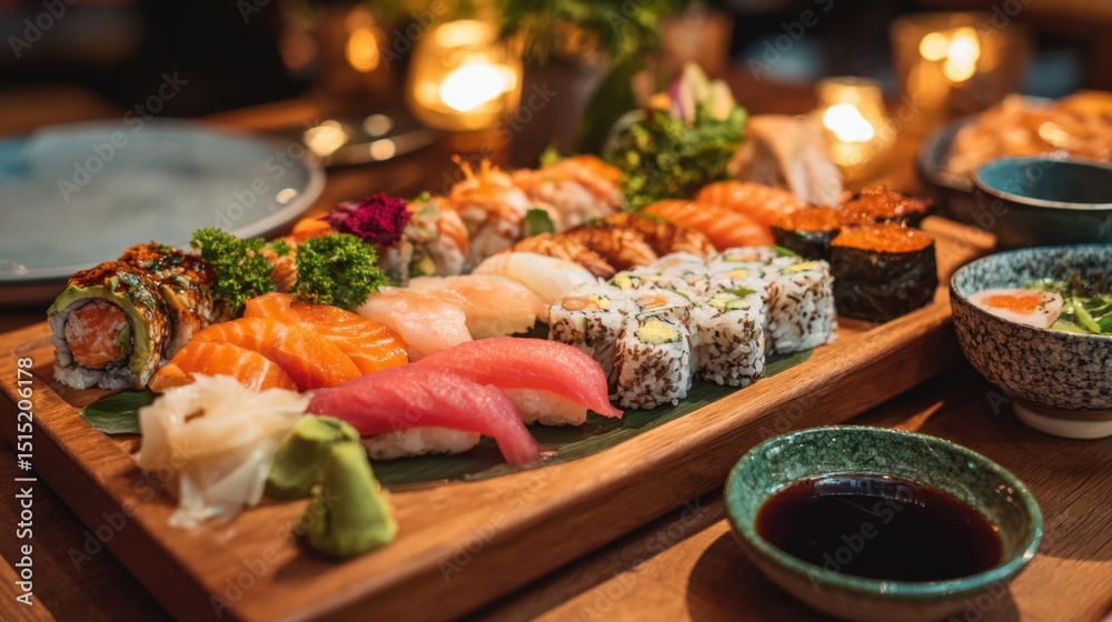 Obraz premium Fresh Sushi Assortment with Colorful Rolls and Dipping Sauces