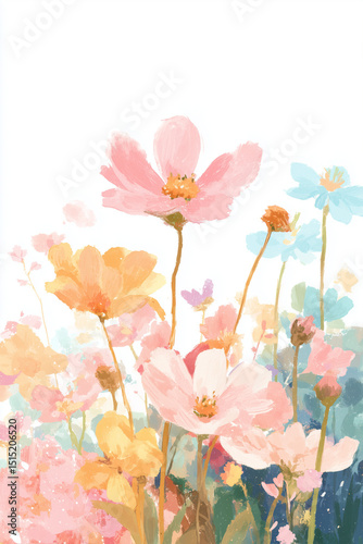 Vibrant wildflower field painted in a playful, expressive style using textured digital brushstrokes. This artwork features large pink, yellow, and blue cosmos-like blooms on tall stem 