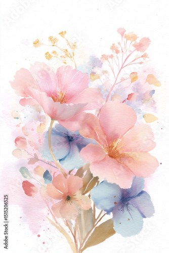 Elegant watercolor floral bouquet in a soft romantic palette of blush pink, coral, lavender, and powder blue. Loose painterly petals and golden stamens create a feeling of lightness and freshness