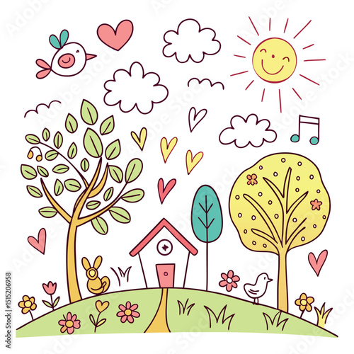 Whimsical Springtime Illustration Happy Little House, Birds, and Blossoming Trees