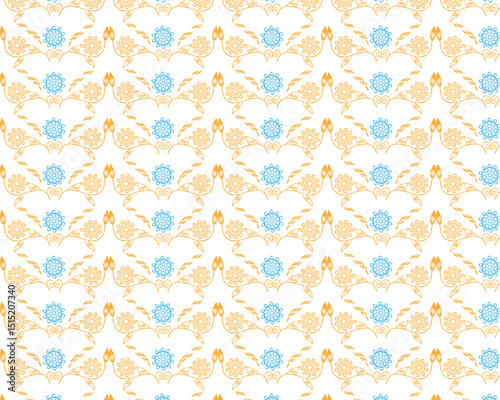 Elegant floral pattern design with symmetrical elements in a repeating seamless arrangement.