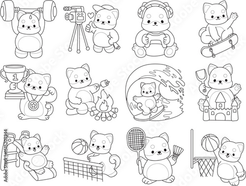 Outline of Fluffy Shiba Inu pet stickers. Lineart of Happy doggy.