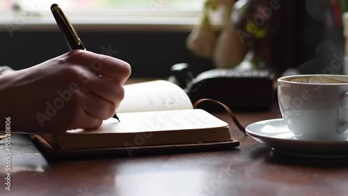 Writing in journal with pen and coffee cup on wooden table 4k video