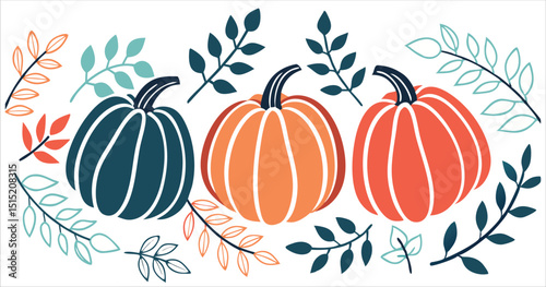 Colorful pumpkins with branch decoration, minimalist autumn harvest vector illustration