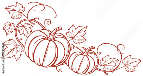  Pumpkins and foliage outline, autumn harvest line art vector illustration