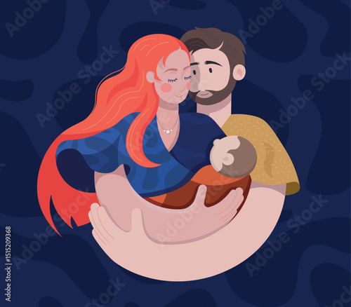 Minimalist modern family illustration with newborn baby – vector art of mother, father, and child