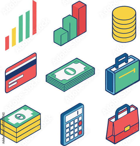 Isometric set of business and finance icons featuring buildings, city elements, and industry symbols in a modern urban design