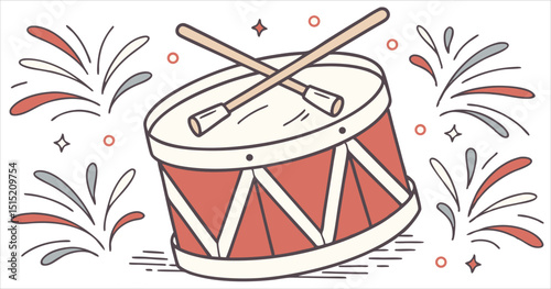 Drum with drumsticks and festive sparks, musical instrument illustration, vector design