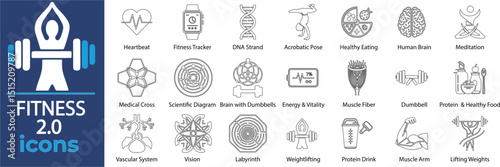 Fitness Vector Line Icons. Containing fitness, gym, workout, exercise, training, health, body, wellness, sport, cardio, yoga, pilates and more. Solid Vector Line Icons collection.
