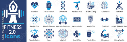 Modern fitness vector set with gym, workout, training, exercise, health icons — perfect for apps, prints, and websites.