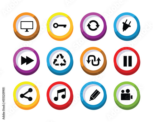 Collection of colorful circular icons representing technology multimedia and essential functions