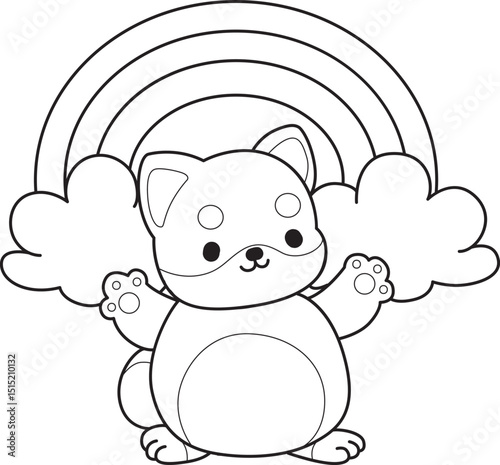 Outline of Fluffy Shiba Inu pet stickers. Lineart of Happy doggy.
