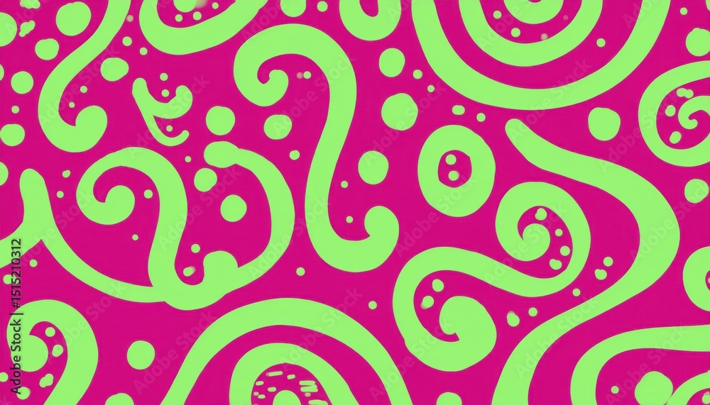 Obraz premium green swirl and dot pattern on vibrant magenta background for retro branding, web design, textile print, abstract wallpaper, and funky digital art projects