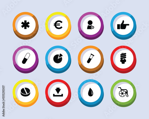 Collection of colorful medical health finance and technology icons and symbols for design