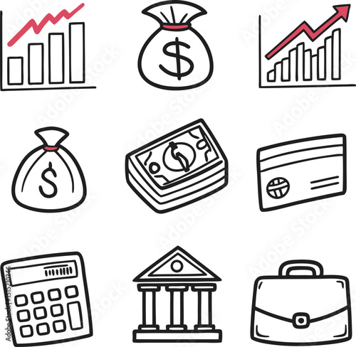 Set of finance icons including symbols for business, money, bank, chart, house, and arrows in vector style