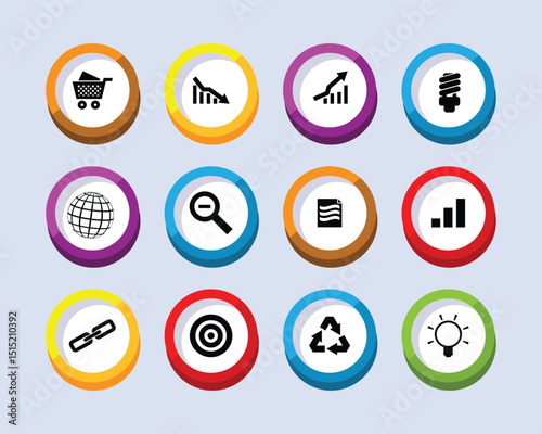 Collection of colorful circular icons representing various business and technology concepts