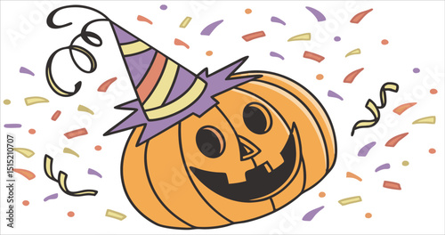 Cheerful pumpkin wearing party hat amidst confetti, festive halloween celebration, vector illustration