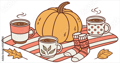 Autumn scene with pumpkin, hot drinks, socks, and leaves, cozy seasonal illustration, vector designrint