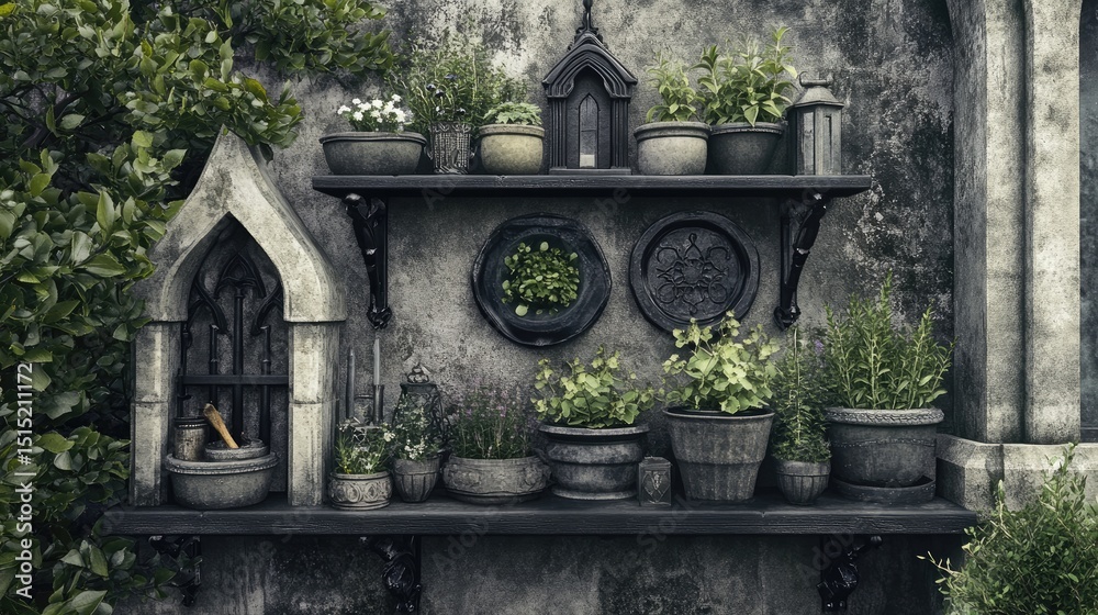 Fototapeta premium Stone alcove with plants on shelves.