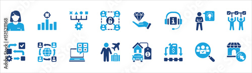 Business and management icon set. Contains symbol of businessman, target, leadership, progress, holiday, data, stock, market, accounting, training, resource, finance, service. Vector illustration