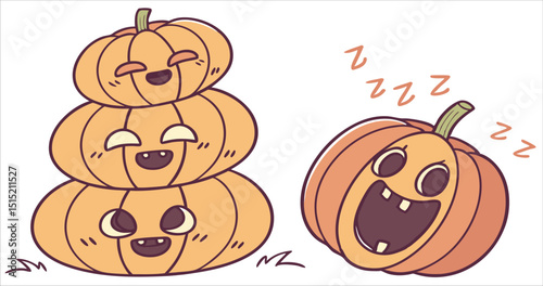 Stacked and sleeping halloween pumpkins cartoon illustration, autumn spooky season, vector design