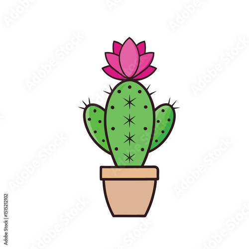 Cactus with Flower – Minimal Line Art Vector Illustration