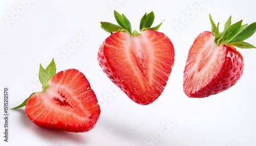 falling slices of strawberry fruit on white white background